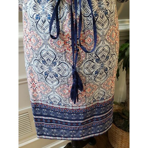 Maurices Dress Women Size X-L Blue Pink Boho Cold Shoulder Wrap Midi Belted - Picture 6 of 16